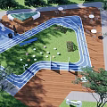 Outdoor Playground Area With Green Grass Lawn Blue Pathways And Trees