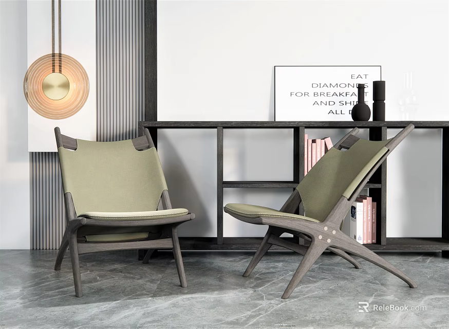 Two Modern Leisure Chairs With Wooden Frame And Green Upholstery In Living Room 3d model 