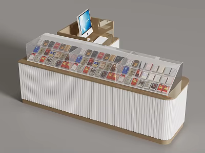 Modern Display Shelf with White Frame Transparent Cover Multiple Compartments Cashier Counter and Computer Monitor 3d model