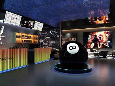 Stylish Modern Mall Store Interior With Blue Starry Ceiling Bar Counter And Black Spherical Decoration 3d model