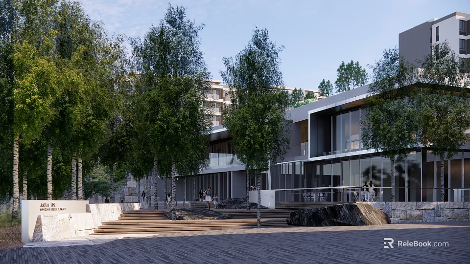 Modern Urban Plaza Landscape With Lush Trees Wooden Steps And Contemporary Buildings 3d model 