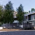 Modern Urban Plaza Landscape With Lush Trees Wooden Steps And Contemporary Buildings