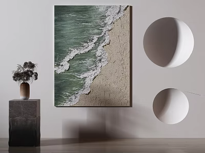 Ocean Wave Beach Painting In Modern Interior With Decorative Vase And Circular Wall Design 3d model