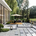 Garden Landscape Design With Iron Fence Lawn Stone Paving Wooden Deck Shrubs And Beige Umbrella