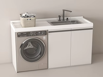 Bathroom Cabinet Unit With Washing Machine Sink Faucet And Laundry Basket 3d model
