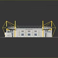 Modern Stadium 3D Model With White Roof Solar Panels Green Pitch And Yellow Supports