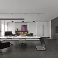Modern Open Office Interior With Large Windows White Desk Black Sofa And Green Plant 3d model