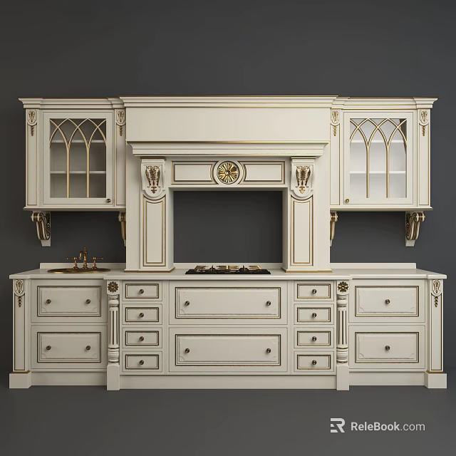 Classic European White Kitchen Cabinets With Carved Details Glass Doors And Gold Accents 3d model 