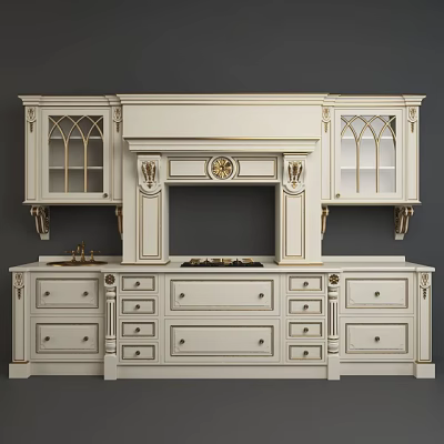 Classic European White Kitchen Cabinets With Carved Details Glass Doors And Gold Accents 3d model