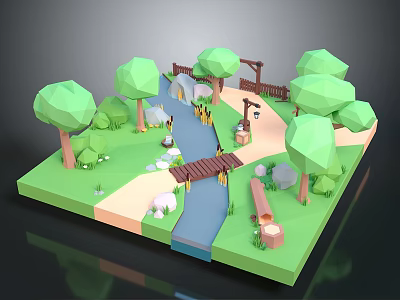 3D Natural Scene Design With Stream Wooden Bridge Trees Stones And Path 3d model