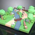 3D Natural Scene Design With Stream Wooden Bridge Trees Stones And Path