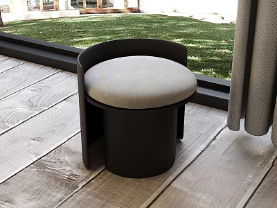 Modern Stool With Black Frame Light Gray Cushion On Wooden Floor By Window With Green Grass View 3d model