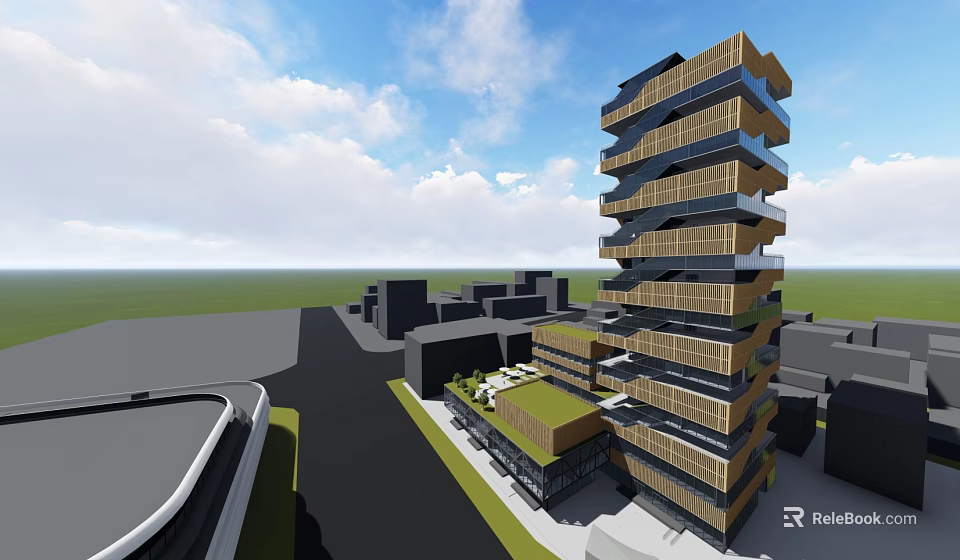 Modern High Rise Building With Geometric Glass Metal Facade In Urban Cityscape 3d model 