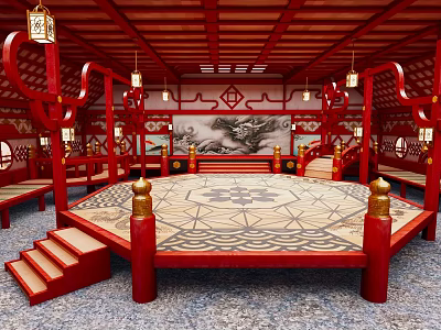 Cartoon Scene of Ornate Traditional Chinese Interior with Red Wooden Structure Lanterns Screen and Carpet 3d model