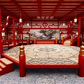 Cartoon Scene of Ornate Traditional Chinese Interior with Red Wooden Structure Lanterns Screen and Carpet