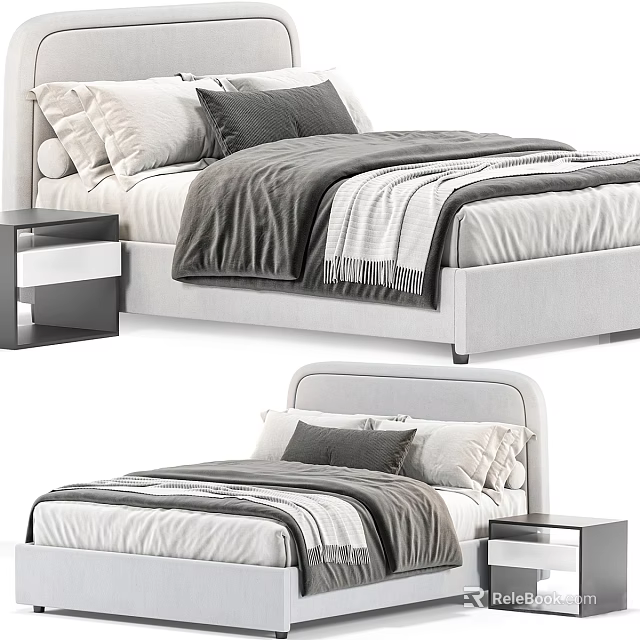 Modern Double Bed Design With Light Colored Frame Pillows Blanket And Nightstand 3d model 