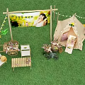 Outdoor Promotional Booth with Tent Billboard Windmill and Flower Decorations on Green Grass