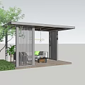Modern Outdoor Pergola With Wooden Roof Pillars Green Plants Sofa And Hanging Lights