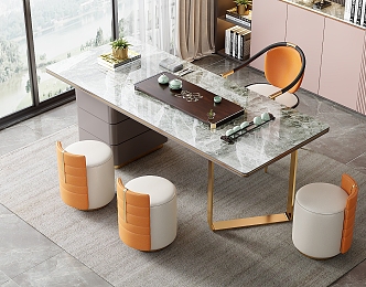 Modern Light Luxury Marble Tea Table and Chair Combination Tea Table Rock Plate Tea Table Tea Table Tea Tray Tea Set Backrest Chair Sofa Stool 3d model