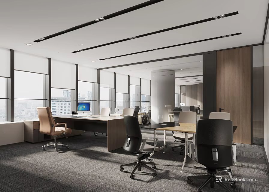 Modern Office Interior Design With Large Windows Desks And Ergonomic Chairs 3d model