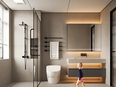 Modern Bathroom Interior With Glass Shower Enclosure Illuminated Mirror Gray Tile Walls And Wall Hung Toilet 3d model