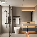 Modern Bathroom Interior With Glass Shower Enclosure Illuminated Mirror Gray Tile Walls And Wall Hung Toilet