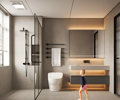 Modern Bathroom Interior With Glass Shower Enclosure Illuminated Mirror Gray Tile Walls And Wall Hung Toilet 3d model