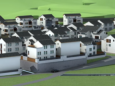White Residential Buildings With Hinged Doors And Dark Roofs In Green Surroundings 3d model