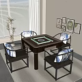 Traditional Mahjong Table Setup with Four Chairs Decorative Paintings and Potted Plant