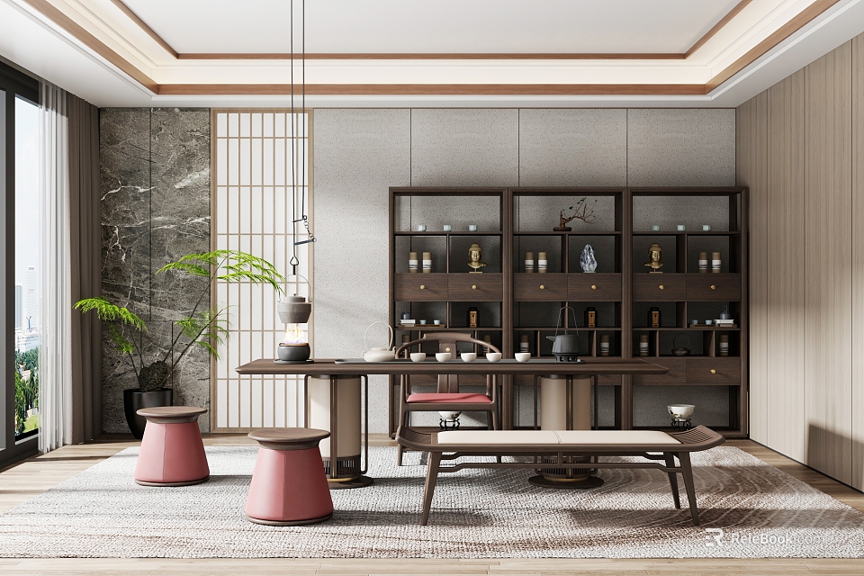 Modern Chinese Tea Room Interior Design With Wooden Tea Table Tea Sets And Green Plants 3d model 