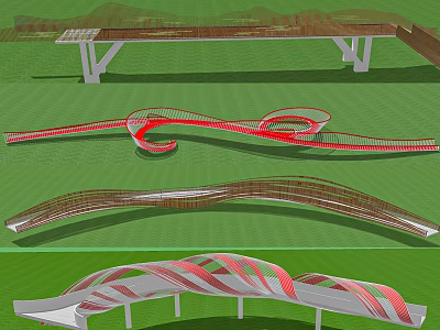 Modern Bridge Designs Featuring Curved Red Structures Wooden Elements And White Pillars 3d model