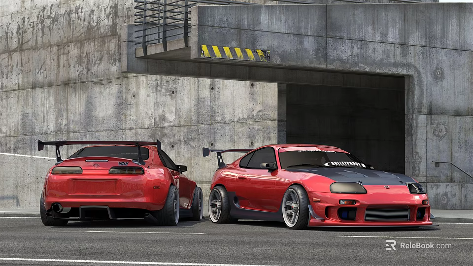Two Red Modified Sports Cars Parked By Concrete Structure With Tunnel Entrance 3d model 