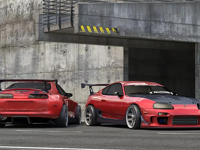 Two Red Modified Sports Cars Parked By Concrete Structure With Tunnel Entrance 3d model