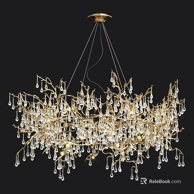 Elegant Branch Design Chandelier With Golden Frame And Crystal Droplets 3d model 