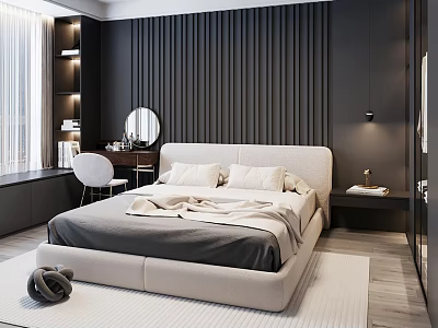 Modern Bedroom Interior With Dark Striped Wall Large Bed Nightstand And Furniture 3d model