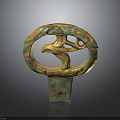 Ancient Bronze Artifact With Circular Ring Bird Motif On Square Base And Green Golden Patina