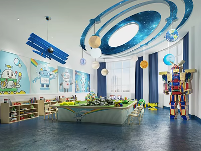 Cheerful Space Theme Kindergarten With Cartoon Murals Robot Model Play Table And Starry Skylight 3d model