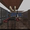Luxury Liquor Store With Wooden Wine Racks Checkerboard Ceiling Chandeliers Bar Counter Red Chairs