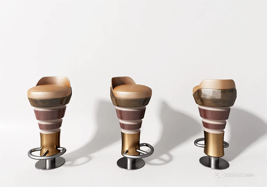 Three Modern Curved Brown Bar Stools With Metallic Metal Base Design 3d model 