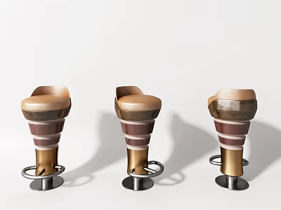 Three Modern Curved Brown Bar Stools With Metallic Metal Base Design 3d model