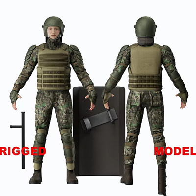 Tactical Military Personnel Rigged 3D Model With Camouflage Uniform Protective Vest Shield And Rifle 3d model