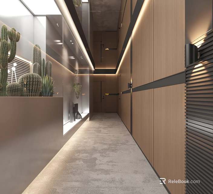 Elegant Modern Elevator Hallway Design With Wooden Walls Lighting Gray Floor And Cactus Plants 3d model 