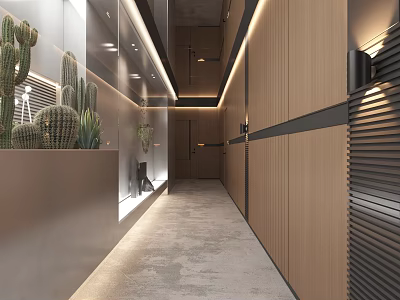 Elegant Modern Elevator Hallway Design With Wooden Walls Lighting Gray Floor And Cactus Plants 3d model