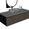 Modern Bathroom Vanity with White Sink Round Mirror Wooden Storage Cabinet and Sleek Countertop