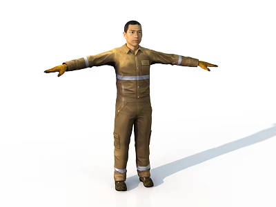 Man In Brown Work Uniform With Reflective Stripes Arms Outstretched On White Background 3d model