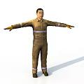Man In Brown Work Uniform With Reflective Stripes Arms Outstretched On White Background