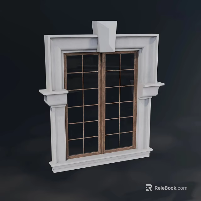 White Frame Wooden Sash Casement Window With Grid Design And Decorative Trim 3d model 