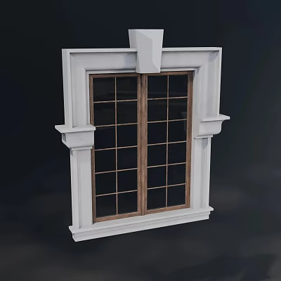 White Frame Wooden Sash Casement Window With Grid Design And Decorative Trim 3d model