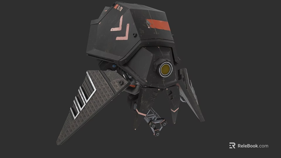 Futuristic Black Mechanical Device With Red Stripe Yellow Circular Component And Wing Like Structures 3d model