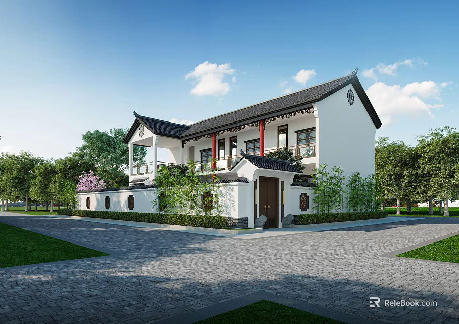 Traditional Chinese Style Detached Villa With Black Tiled Roof White Walls And Courtyard Garden 3d model 